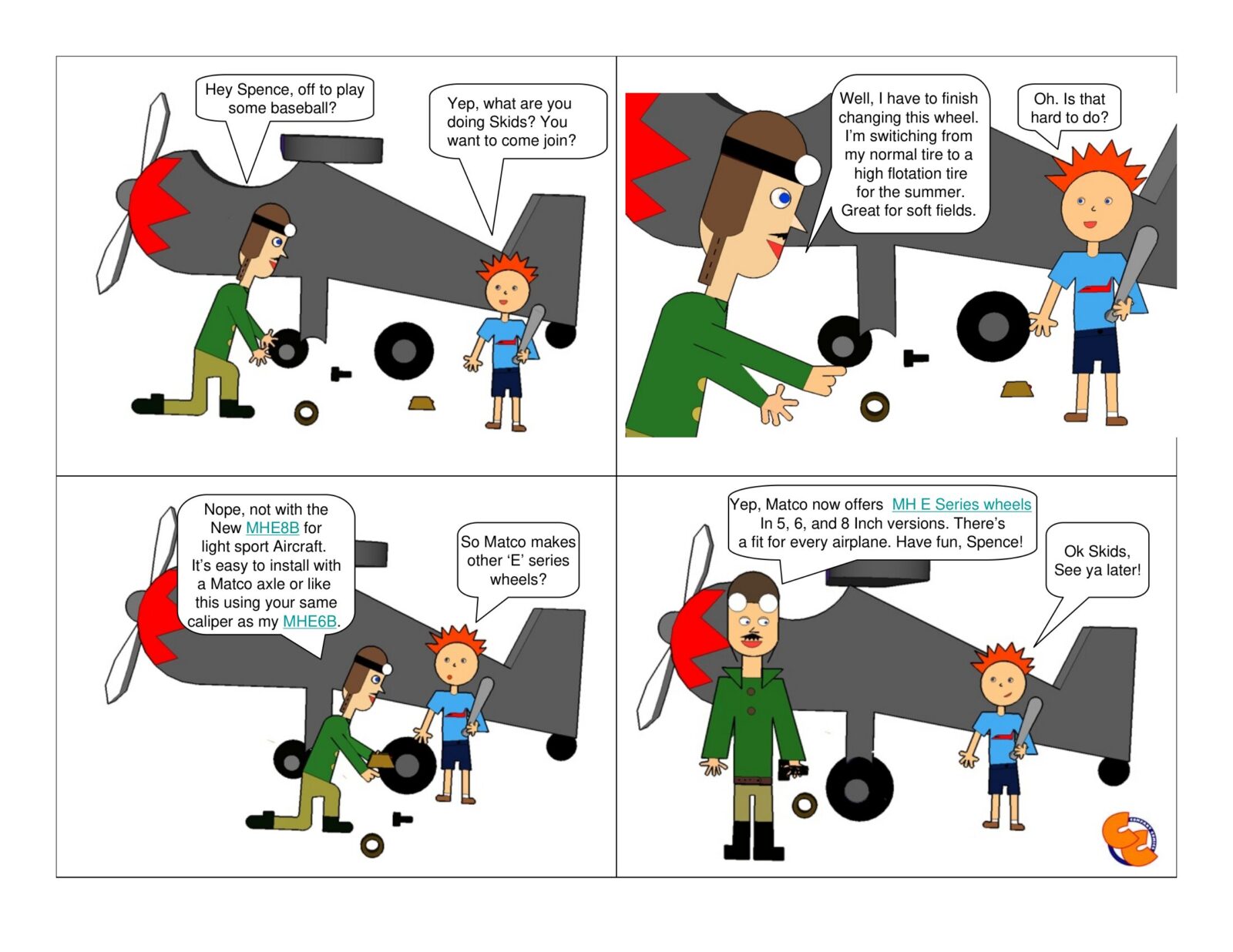 Skids_mhe8b-1 - Matco Als Two kids and adults repair a small airplane, discussing tire changes and parts in a comic strip format.